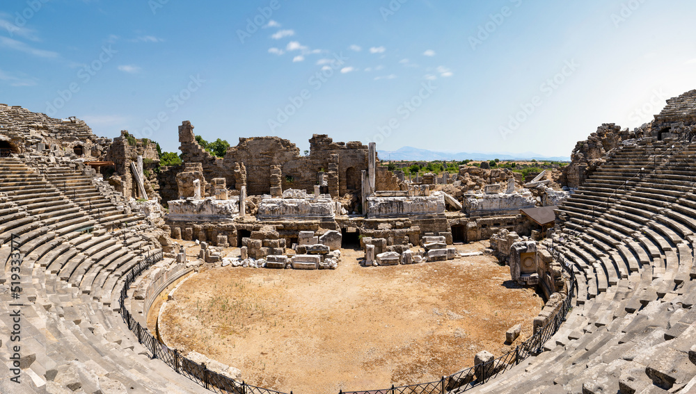 Naklejka premium Close up photo of Amphi theatre in Side ancient city in Manavgat, Antalya.