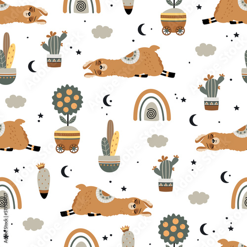 Seamless pattern with a cute Llama on a summer background. Vector illustration.