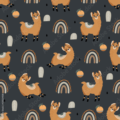 Seamless pattern with a cute Llama on a summer background. Vector illustration.