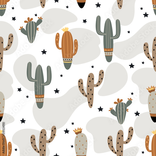 Seamless pattern with cute cactus on a summer background abstract. Vector illustration.