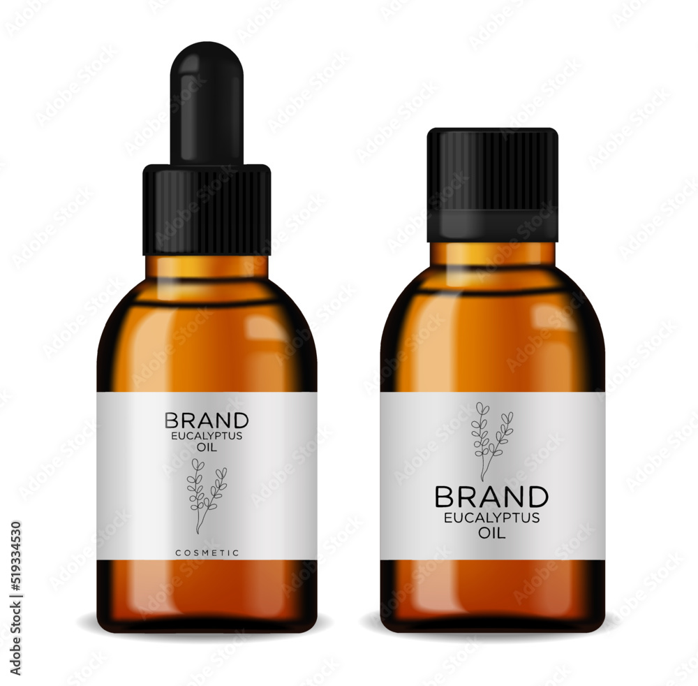 Cosmetics oil bottle set, Glass bottle cosmetic with dropper. Liquid essential, eucalyptus serum and organic aroma oil for beauty isolated on white background. Cosmetics oil bottle set, Glass bottle cosmetic with dropper. Liquid essential, eucalyptus serum and organic aroma oil for beauty isolated on white background.