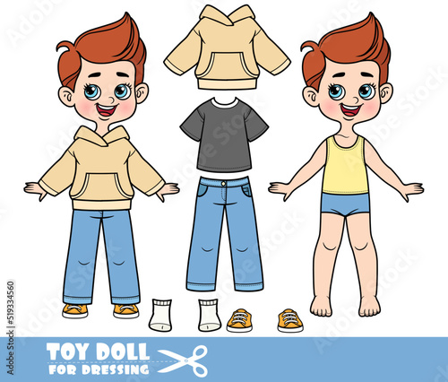 Cartoon boy dressed and clothes separately - T-shirt, jeans, beige hoodie and orange sneakers doll for dressing