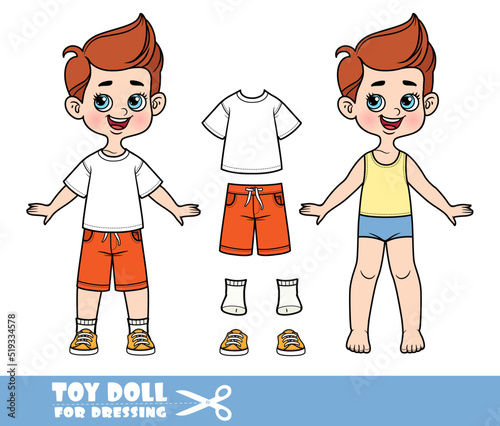 Cartoon boy dressed and clothes separately - white basic T-shirt, red shorts and orange sneakers doll for dressing