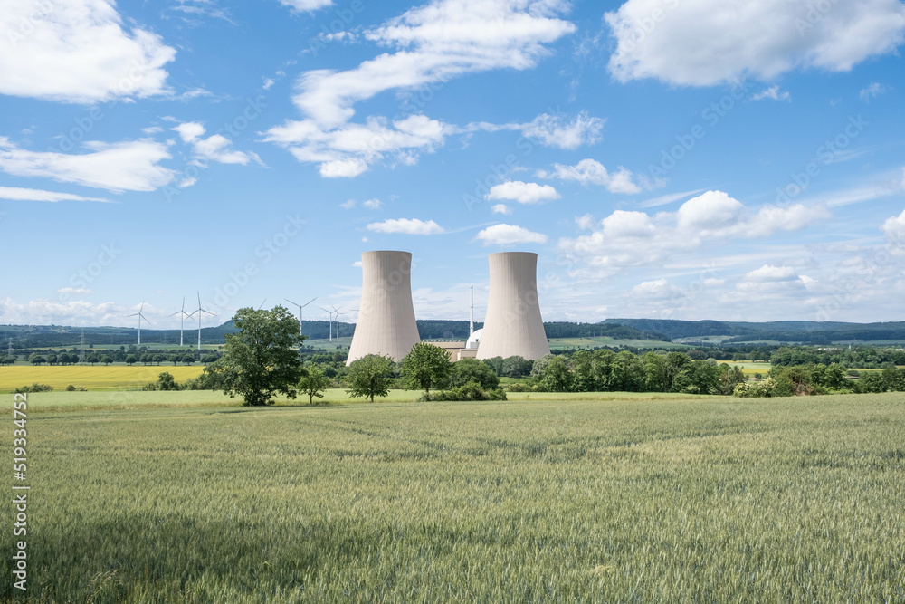 Green landscape and nuclear power plant