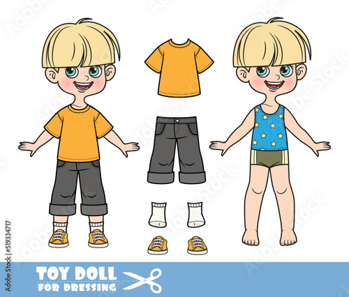 Cartoon pot-trimmed boy dressed and clothes separately - orange T-shirt, black long shorts and orange sneakers doll for dressing