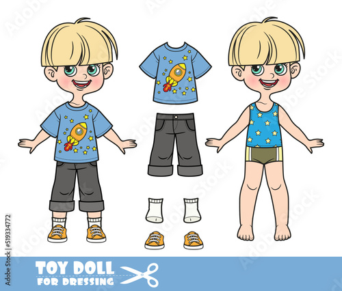 Cartoon pot-trimmed boy dressed and clothes separately - T-shirt with rocket in space, long black denim shorts and orange sneakers doll for dressing