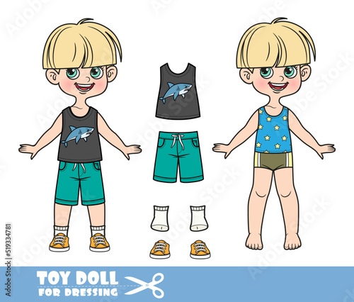 Cartoon pot-trimmed boy dressed and clothes separately - T-shirt with shark print, green shorts and orange sneakers doll for dressing