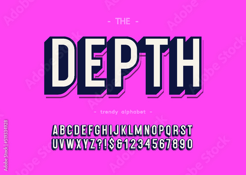 Vector depth trendy alphabet 3d bold modern typography for logo, decoration, party poster, t shirt, book, greeting card, sale banner, printing on fabric. Cool font. Trendy typeface. 10 eps