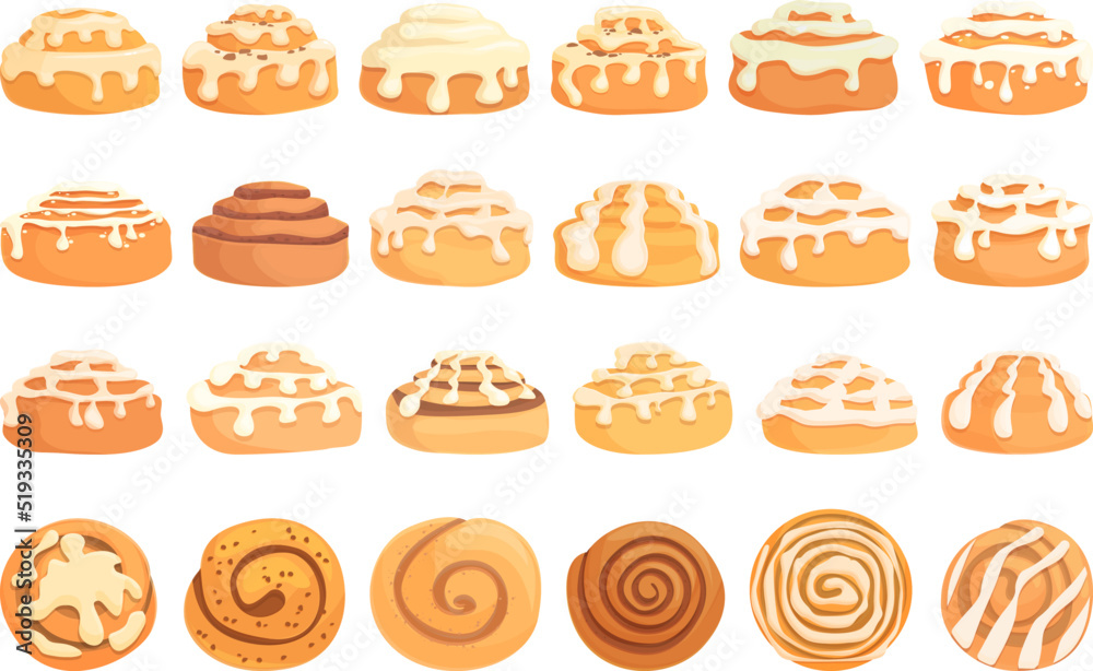 Cinnamon roll bun icons set cartoon vector. Food baked. Bread bakery