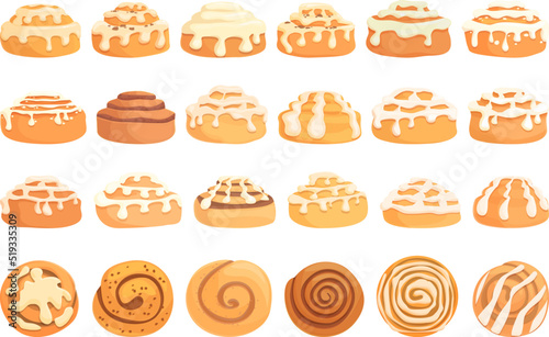 Cinnamon roll bun icons set cartoon vector. Food baked. Bread bakery photo