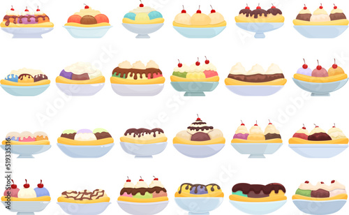 Banana split icons set cartoon vector. Calories cream. Dessert cafe