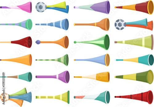Vuvuzela icons set cartoon vector. South Africa. Soccer horn