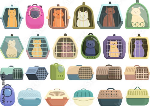 Cat carrier icons set cartoon vector. Cage canine. Carrier crate