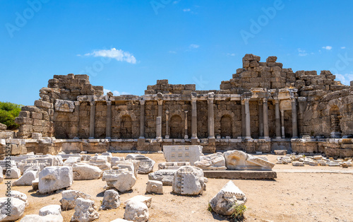 Close up photo of state agora in Side ancient city in Manavgat, Antalya.