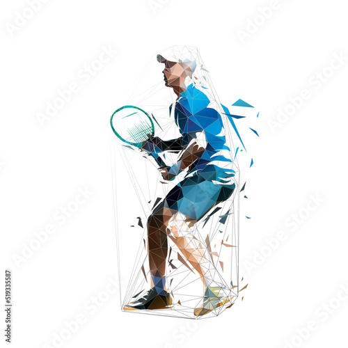 Tennis player, low poly isolated vector illustration. Geometric tennis logo from lines and triangles
