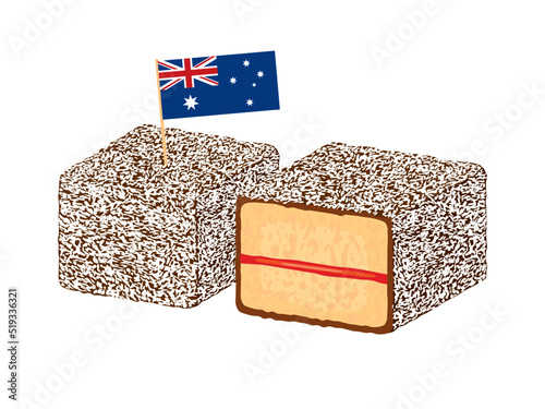 Lamington sponge cake with australian flag icon vector. Australian chocolate dessert with coconut and jam drawing. Lamington cakes icon set isolated on a white background photo