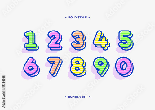 Set of numbers color 3d bold style trendy typography consisiting of 1, 2, 3, 4, 5, 6, 7, 8, 9, 0 for poster, t shirt, book, sale banner, printing on fabric, birthday card. Modern font. Vector 10 eps
