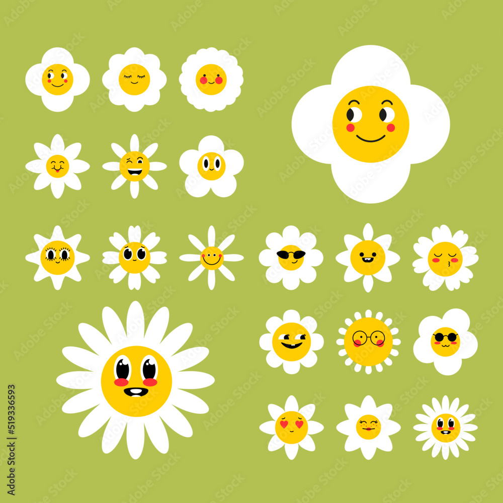 Set of White daisy or chamomile with cute and funny emoji face.Isolated.