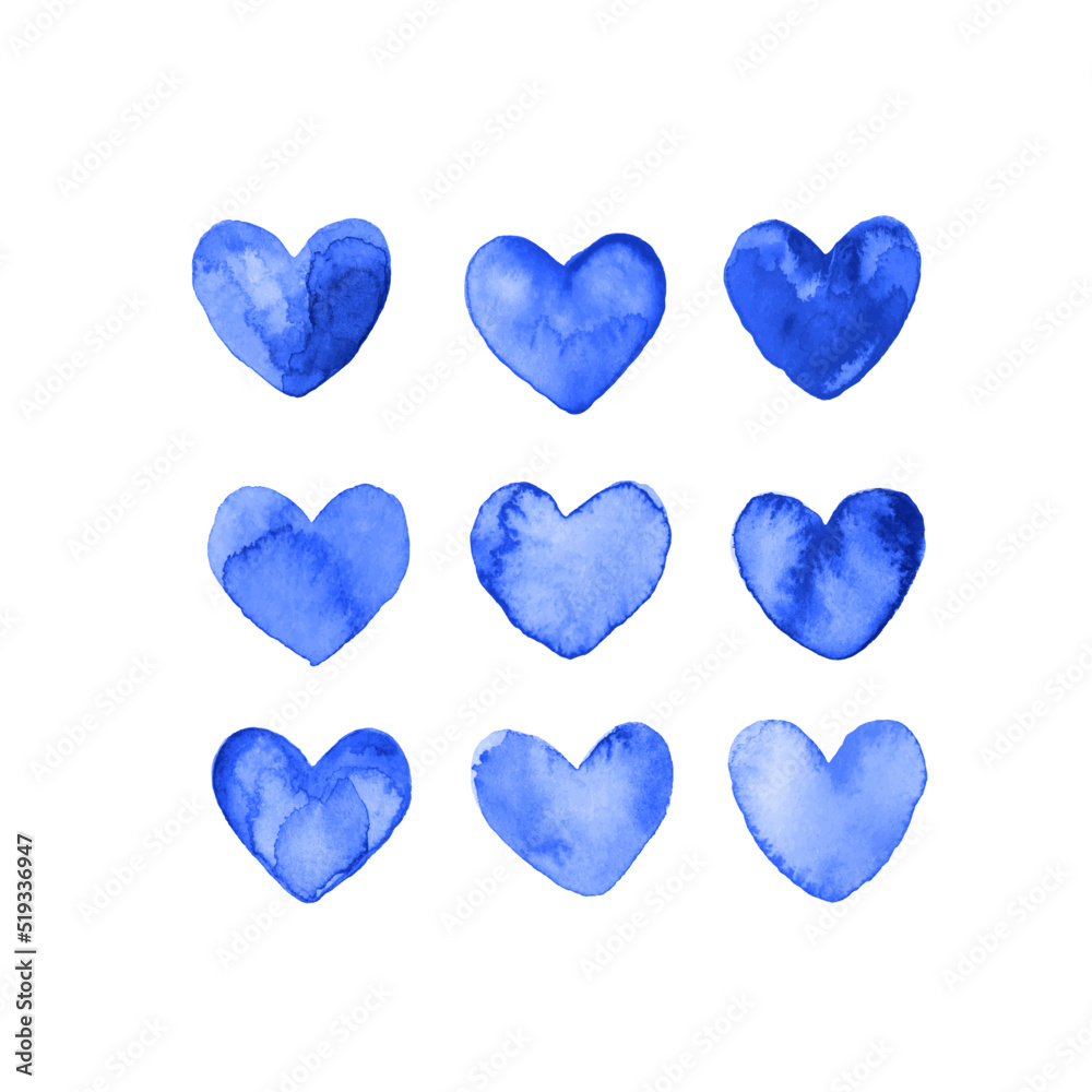 Blue watercolor vector hearts set