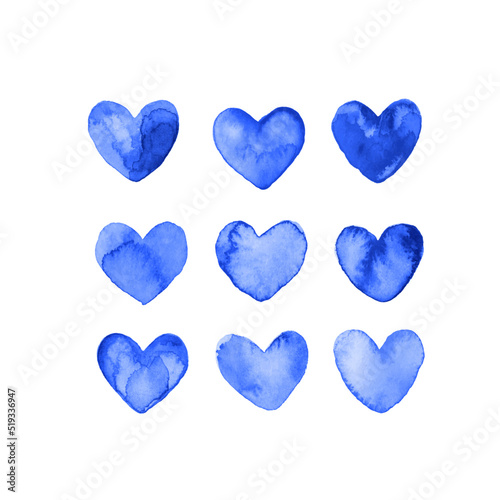 Blue watercolor vector hearts set