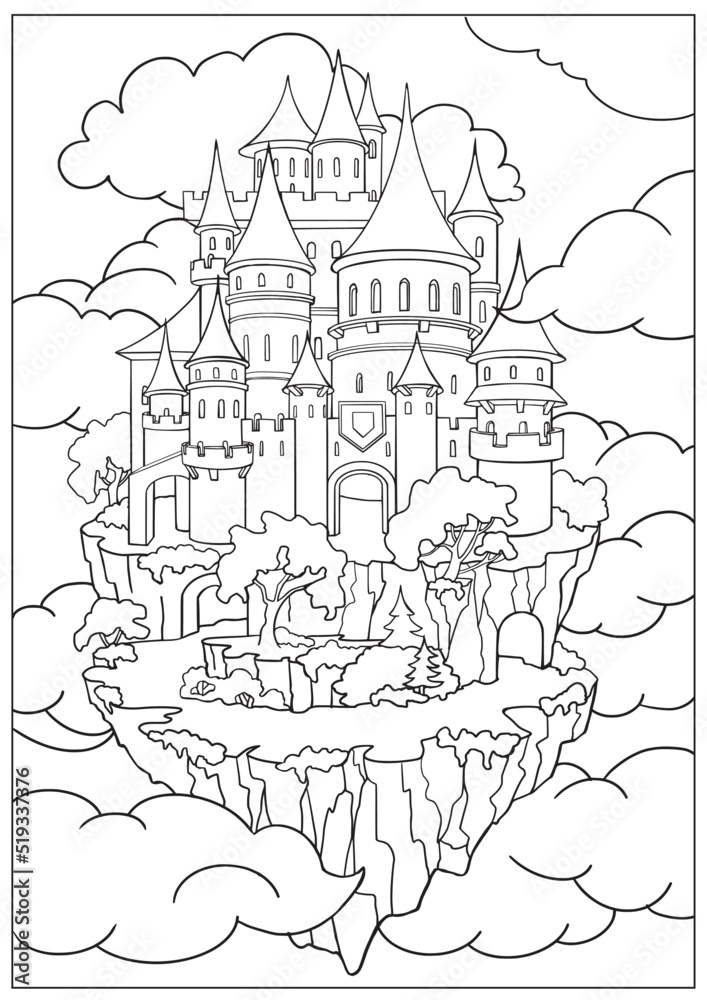 Coloring book of outline landscape with a castle. Educational kids activity page and worksheet with fairy tale. Cartoon Isolated vector illustration.