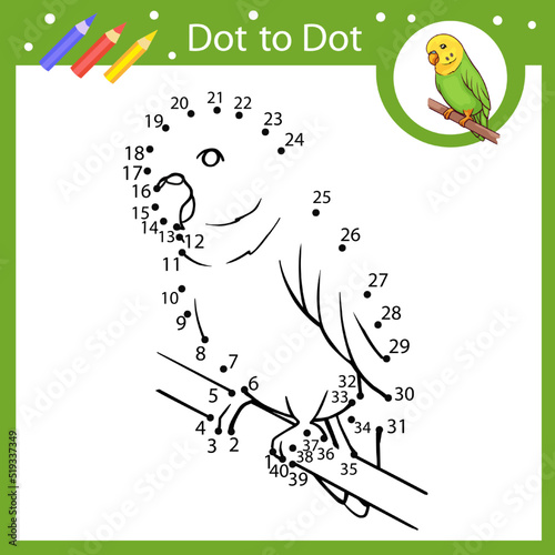 Kids activity page and coloring book with a budgie. Dot to dot game connect drawing of a parrot. Children education worksheet. Vector illustration.