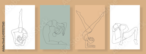 set of yoga, continuous line drawing of a woman's fitness yoga concept, vector health illustration