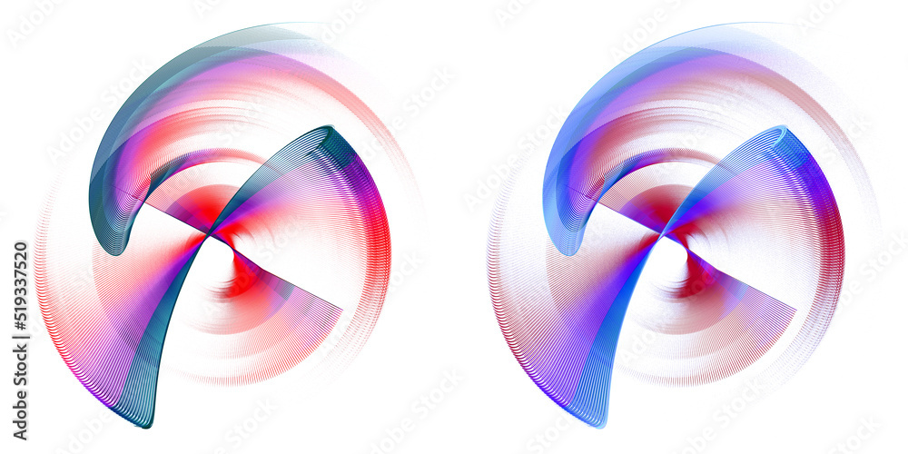 Obraz premium Abstract propellers with red, blue and magenta stripes rotate rapidly on a white background. Set. Icon, logo, symbol, sign. 3d rendering. 3d illustration.