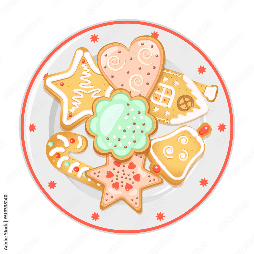 Gingerbread on porcelain dish with red border. Christmas treats. Gingerbread on porcelain dish with red border. Christmas treats.