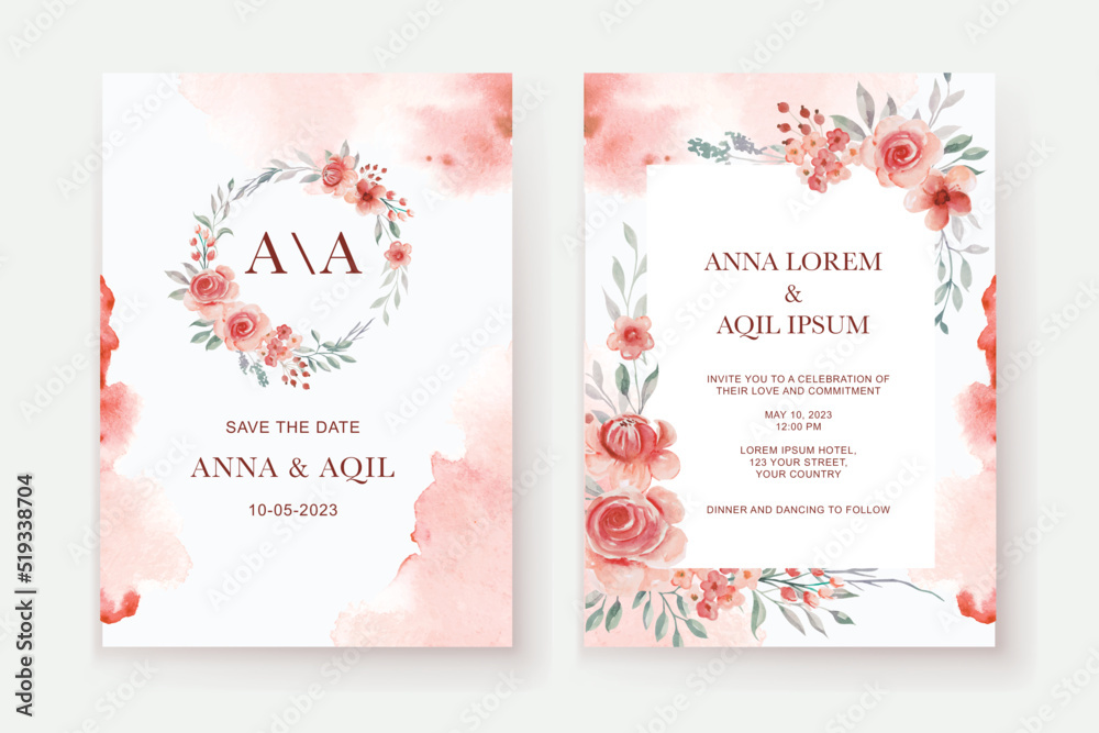 Obraz premium wedding invitation watercolor floral rose red template