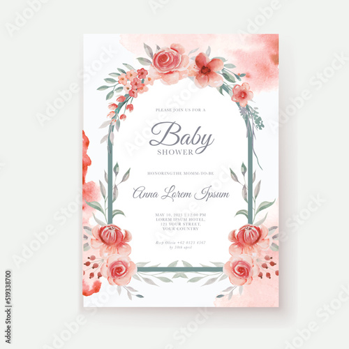 Rose red flower watercolor baby shower invitation template