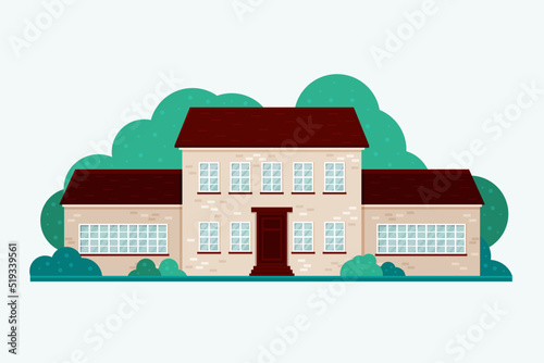 Fototapeta Naklejka Na Ścianę i Meble -  Vector illustration of a building in the forest. Flat illustration of a house, school, cottage, country house, boarding house.