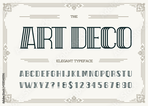 Art deco elegant typeface. Retro font sans serif style for party poster, printing on fabric, t shirt, promotion, decoration, stamp, label. Cool bold modern alphabet vintage typography. Vector 10 eps