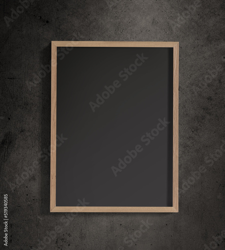 Old frame mock up close up on black wall, 3d render. Traditional blackboard isolated on a concrete background.