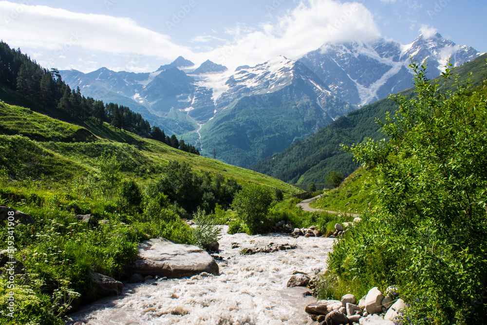 Pastoral landscape - the Terskol mountain river flows in the mountains between the slopes of high cliffs among bright green trees on a sunny summer day in the Elbrus region of Russia