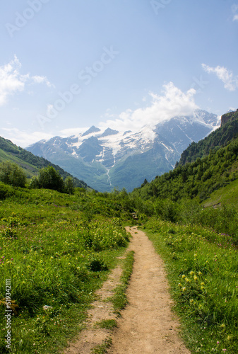 Panoramic landscape with a walking path on an alpine meadow with green grass among the high slopes of the Caucasus mountains on a clear sunny summer day in Kabardino-Balkaria Russia