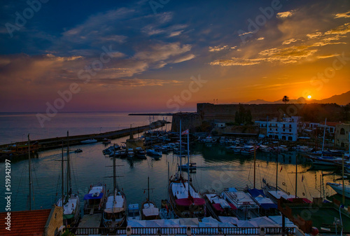 Sunrise and sunset in Kyrenia harbor. Cyprus Turkiyr Kyrenia castle.