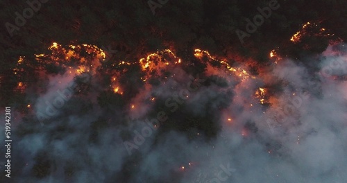 Aerial panoramic view of a forest fire at night, heavy smoke causes air pollution, and fire in full blaze. Natural disaster epic drone cinematic shot.