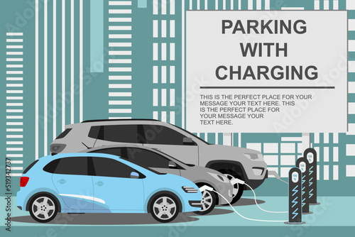 electric cars charging and charger station banner. Eco car concept for electromobility, modern technology. Vector 10 eps