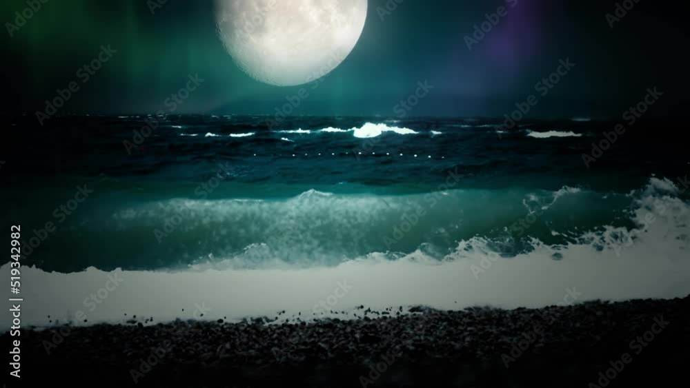 night sea, small storm and big sky horizon moon