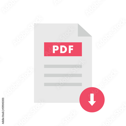 Flat icon download PDF file isolated on white background. Download icon in red circle. Vector illustration.