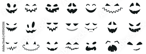 Collection of funny and scary ghost or pumpkin faces for Halloween. Vector illustration isolated on white background