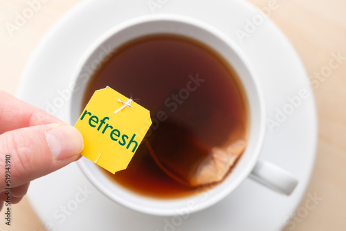 Top down view of cup of tea with the word 'refresh'