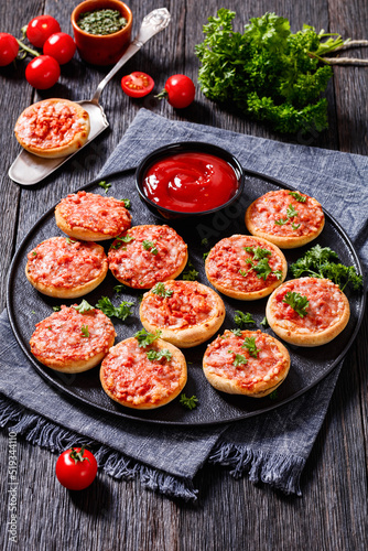 mini pizzas with ham and pecorino cheese, top view photo