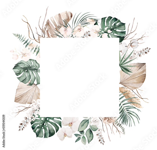 Wedding boho Watercolor frame with beige and teal green tropical leaves and orchid flowers illustration