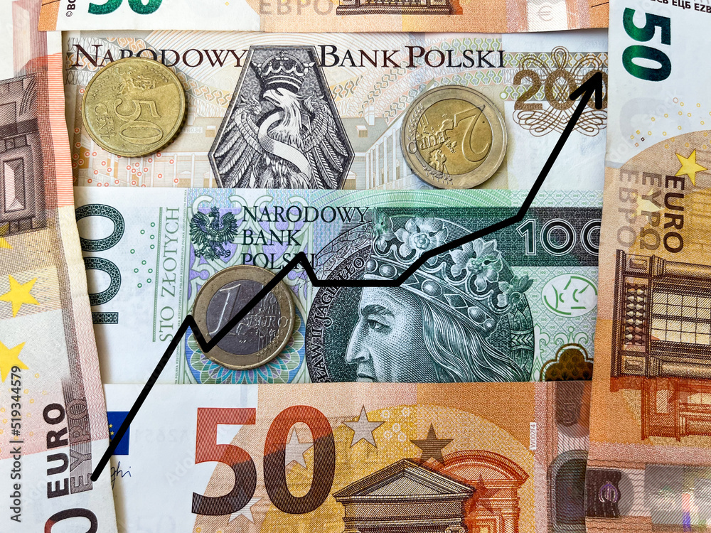 Background of euro and Polish zloty banknotes in close-up with growth chart