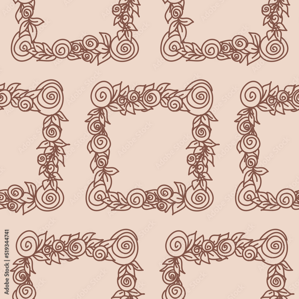 Square frame with rose and leaf, beige pastel color seamless pattern