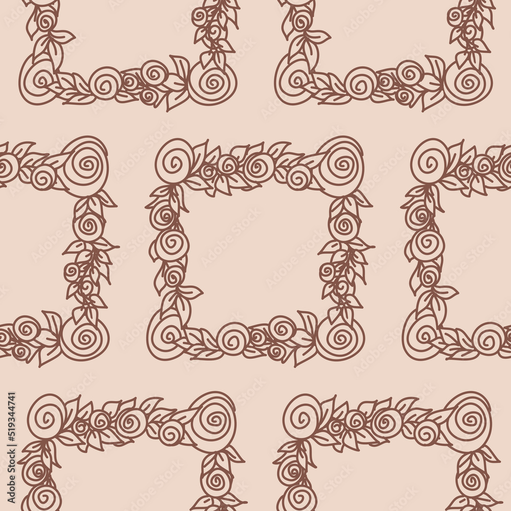 Square frame with rose and leaf, beige pastel color seamless pattern Square frame with rose and leaf, beige pastel color seamless pattern