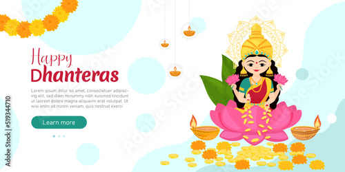 Goddess Lakshmi sitting on the lotus with of money and flowers in her hands. Design for holiday banner template. Traditional Indian festivals. Vector cartoon illustration.
