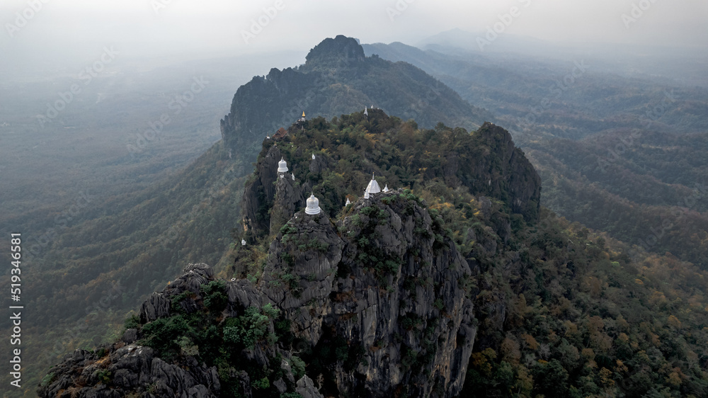 Aerial view of sky pagodas temple Wat Chalermprakiat or Pu Pha Dang Temple in Lampang North Thailand